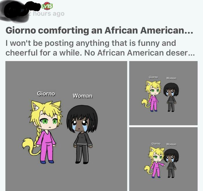 Chibi-style characters Giorno and a woman with tears depict a cringe-worthy but wholesome comforting moment.