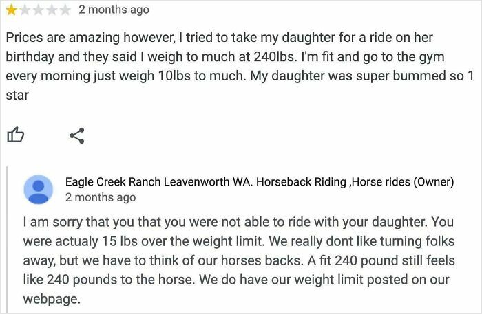 Customer complains about weight limit for horseback riding, business responds with a brutal and witty comeback.