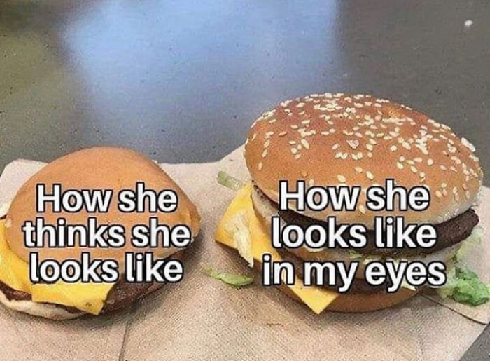 Two cheeseburgers side by side illustrating perception difference in a wholesome and cringe-worthy post.