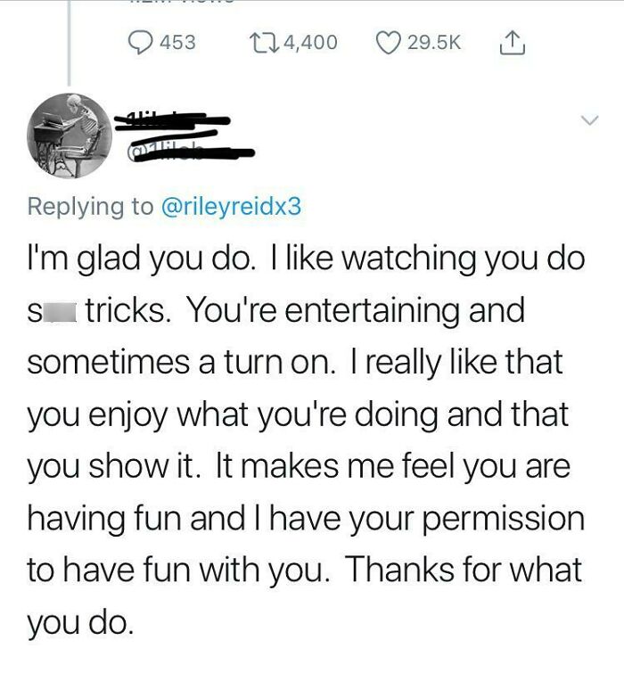Cringe-worthy but wholesome tweet praising someone's entertaining and fun tricks, highlighting enjoyment and permission to join fun.