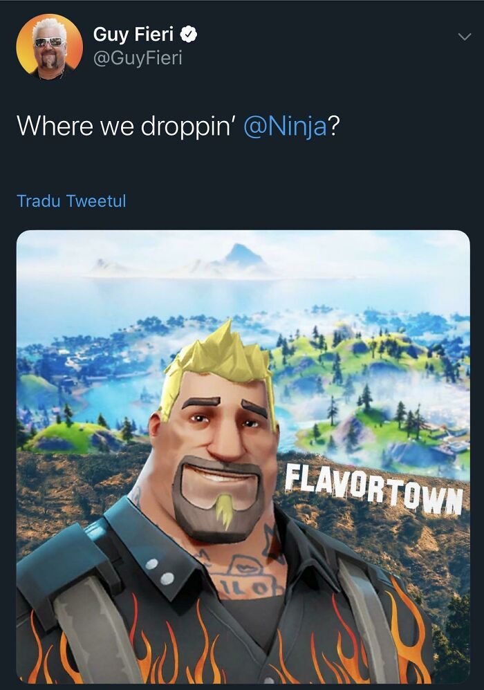 Tweet by Guy Fieri with a Fortnite character in a flame shirt, part of cringe-worthy but wholesome posts collection.