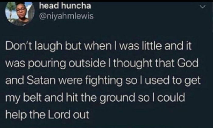 Tweet about a childhood memory of trying to help during a storm, showcasing cringe-worthy but wholesome moments.