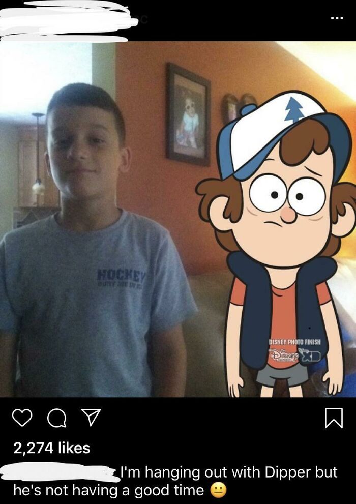 Boy standing next to a sad cartoon character from Disney XD, creating a cringe-worthy but wholesome moment.
