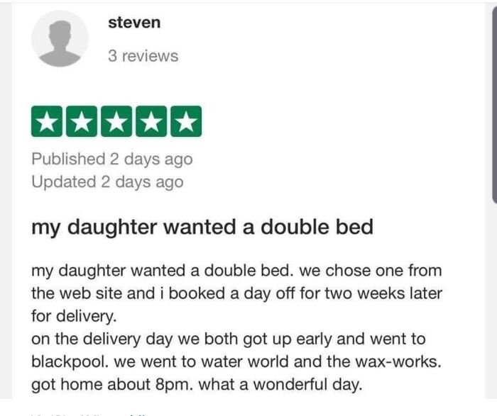 Review post by Steven with a 5-star rating sharing a wholesome and cringe-worthy story about his daughter's double bed.