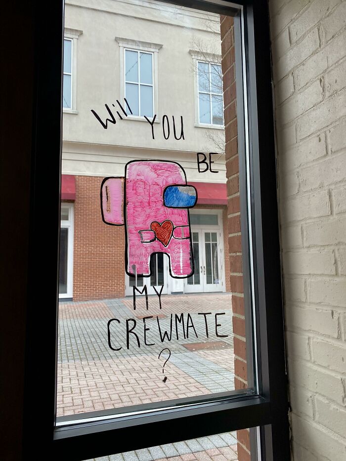 Drawing of a pink Among Us crewmate with a heart on a window, captioned with a wholesome and cringe-worthy message.