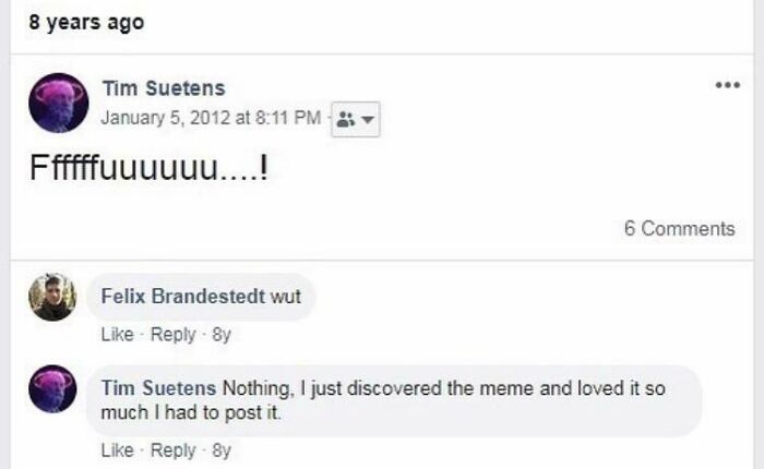 Screenshot of a cringe-worthy but wholesome social media post where a user expresses excitement about discovering a meme.