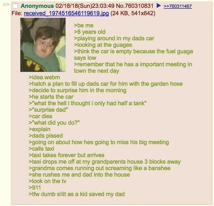 Child’s funny and wholesome story about trying to help dad with a car fuel gauge mix-up on an online post.