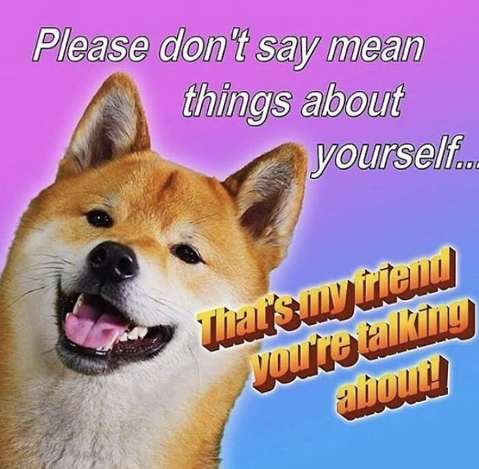 Smiling dog with encouraging text, a wholesome and cringe-worthy post blending humor and positivity in a colorful background.