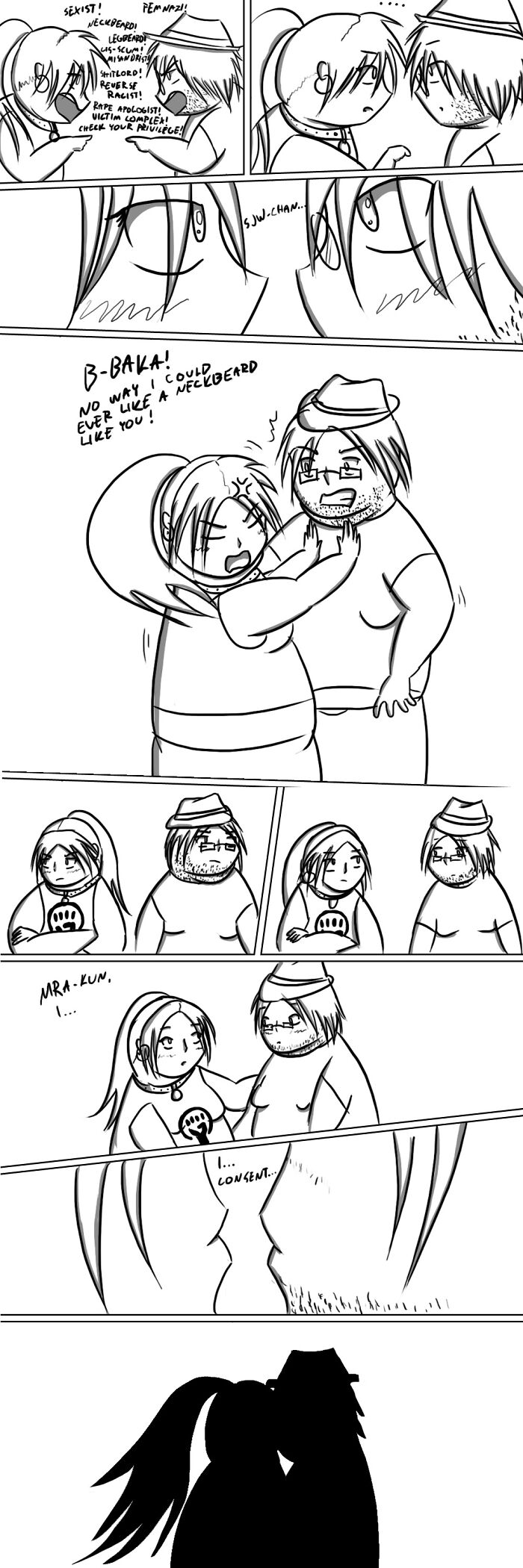 Black and white comic showing cringe-worthy but wholesome interaction between two characters in a humorous romantic moment.