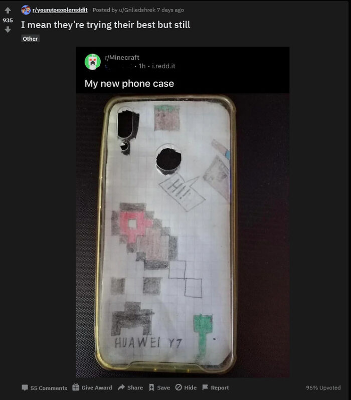 Hand-drawn Minecraft-themed phone case on Huawei Y7, showcasing a cringe-worthy but wholesome creative effort.