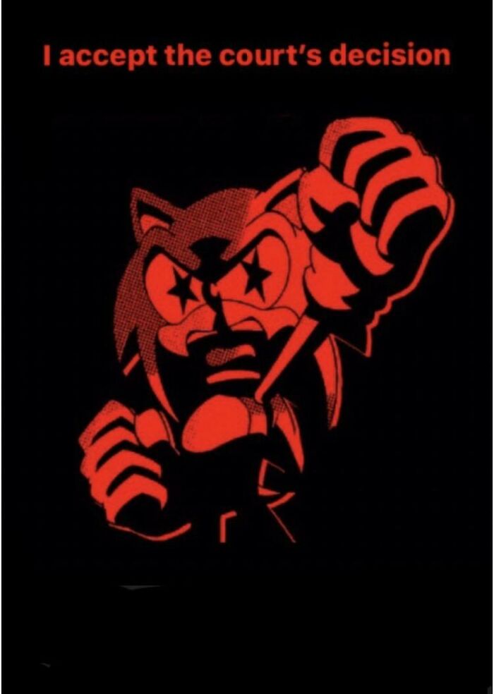 Red cartoon character with starry eyes and clenched fists under text reading I accept the court’s decision, cringe-worthy post.