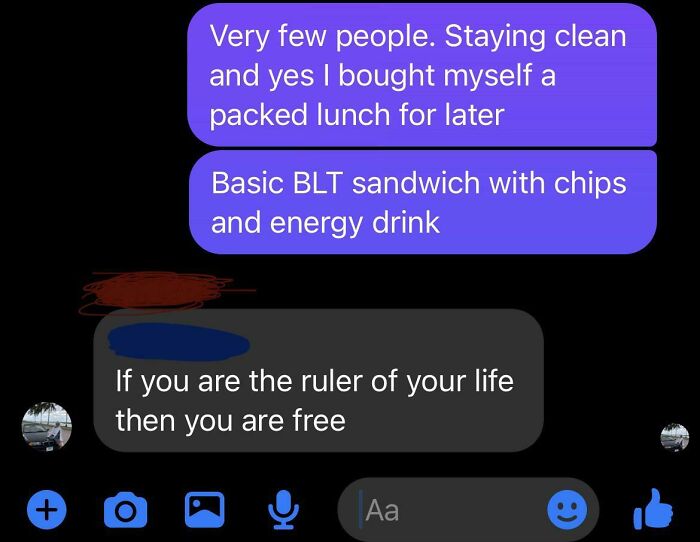 Text message exchange showing a wholesome but cringe-worthy conversation about lunch and life wisdom.