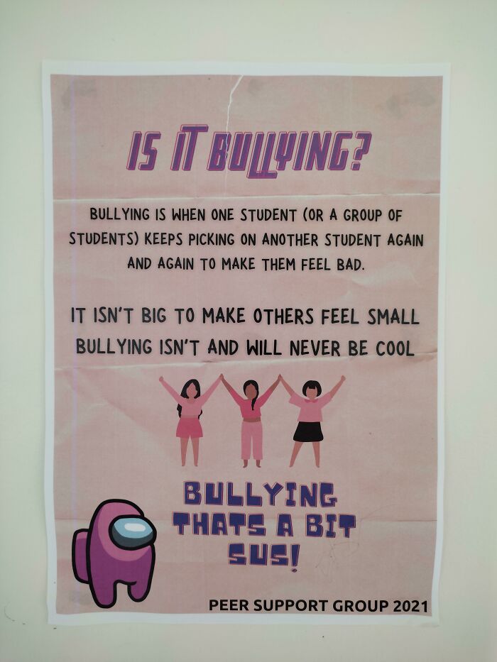 Poster explaining bullying with cartoon characters, promoting anti-bullying as cringe-worthy but wholesome content.