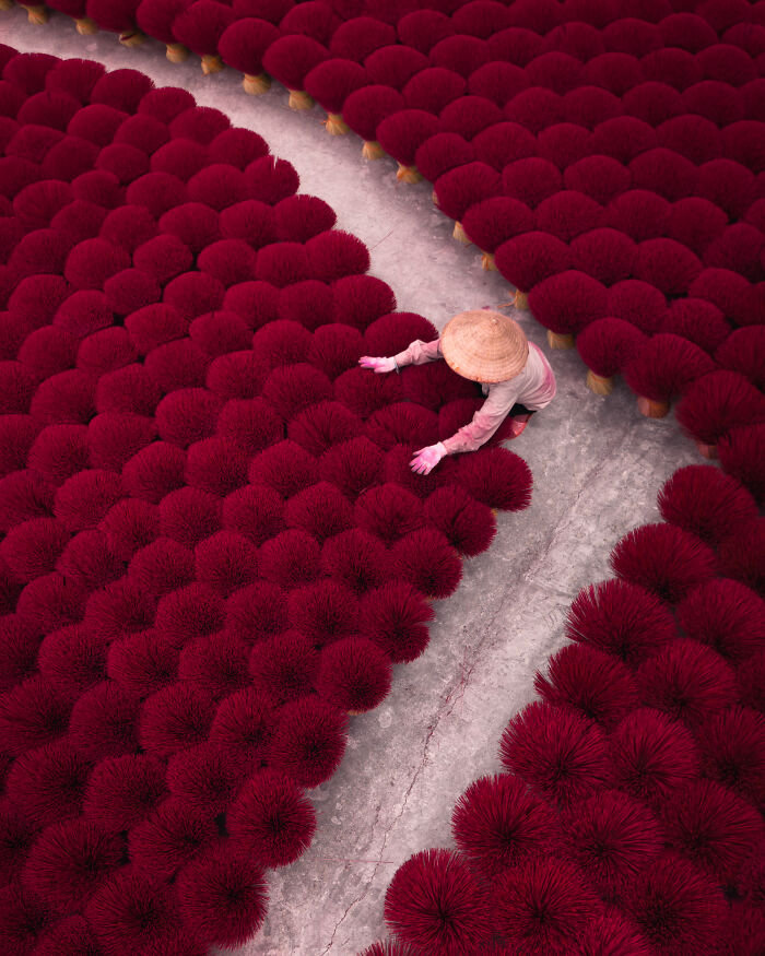 Aerial color photography showing a person arranging vibrant red bundles creating earth’s hidden patterns.