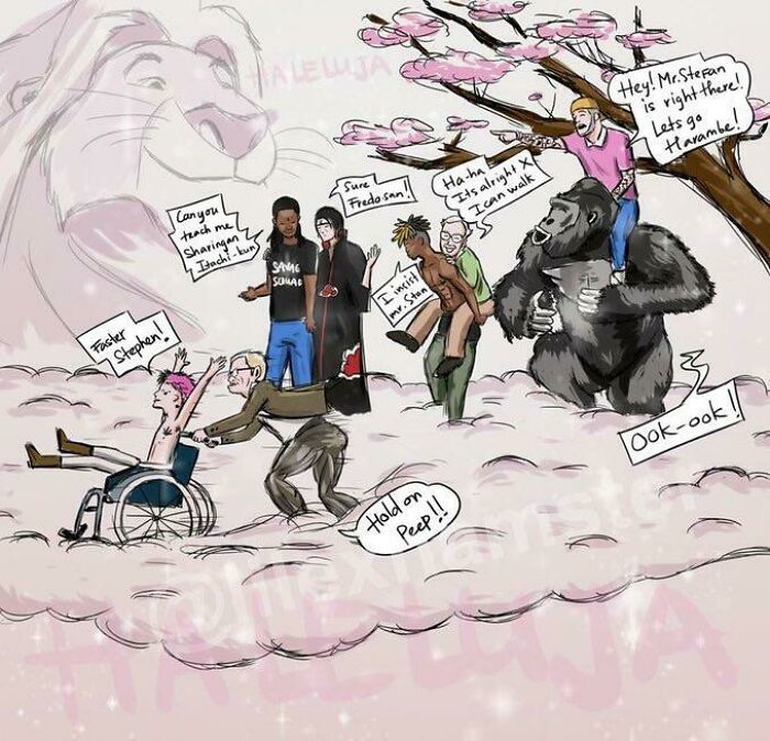 Illustration of various characters walking together on clouds with speech bubbles, showing wholesome and cringe-worthy posts.