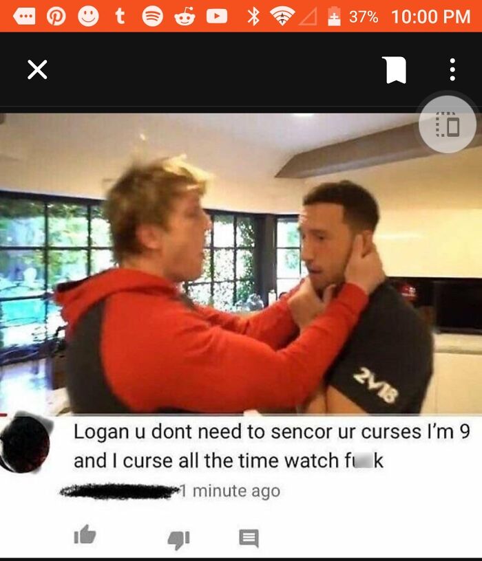 Two men in a heated conversation indoors with a humorous comment about censoring curses, showing cringe-worthy but wholesome interaction.