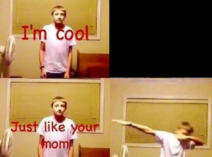 A young boy in a white shirt posing with cringe-worthy but wholesome text captions in a simple room setting.