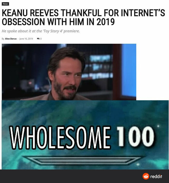 Screenshot of Keanu Reeves interview headline and a meme overlay with the word wholesome and the number 100, highlighting wholesome content.