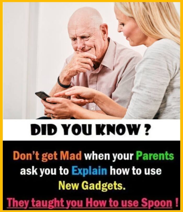 Elderly man and woman looking at a phone with a funny cringe-worthy but wholesome parenting quote about gadgets.