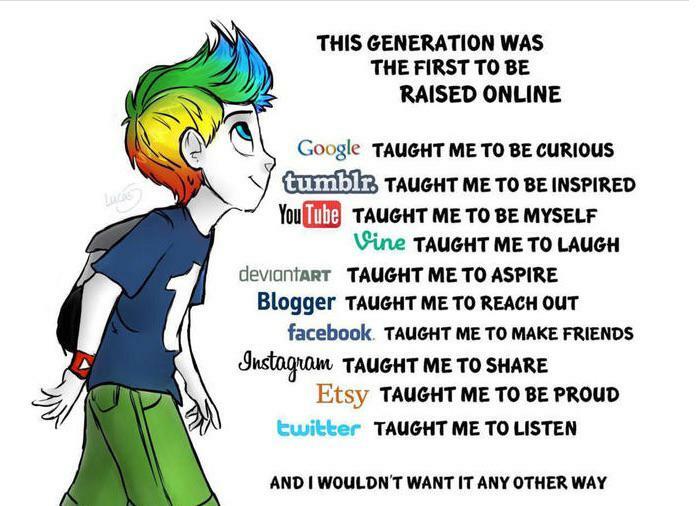 Illustration of a rainbow-haired person with text about how social media taught this generation valuable life lessons in a wholesome way.