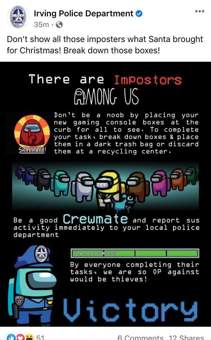 Among Us themed police post advising players to break down gaming console boxes and report suspicious activity for wholesome cringe-worthy fun.
