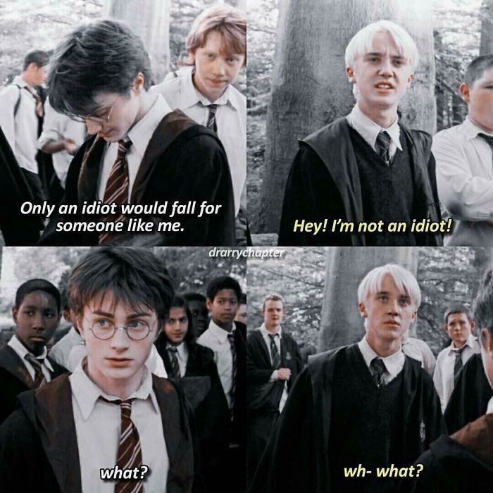 Harry Potter and Draco Malfoy in a cringe-worthy but wholesome interaction scene from a popular movie.
