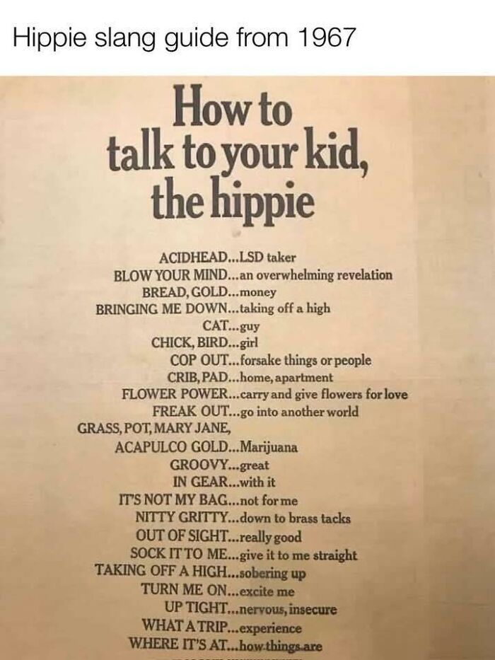 Hippie slang guide from 1967 explaining terms and phrases reflecting people’s lives from a different time.