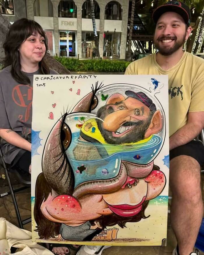 Couple sitting outdoors holding a bizarre caricature blending funny and cursed elements in a colorful detailed drawing.
