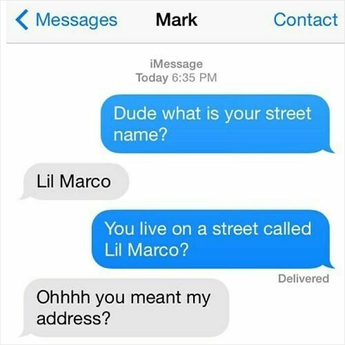 Text message exchange with a humorous mix-up about a street name and address in funny texts that might make you laugh.