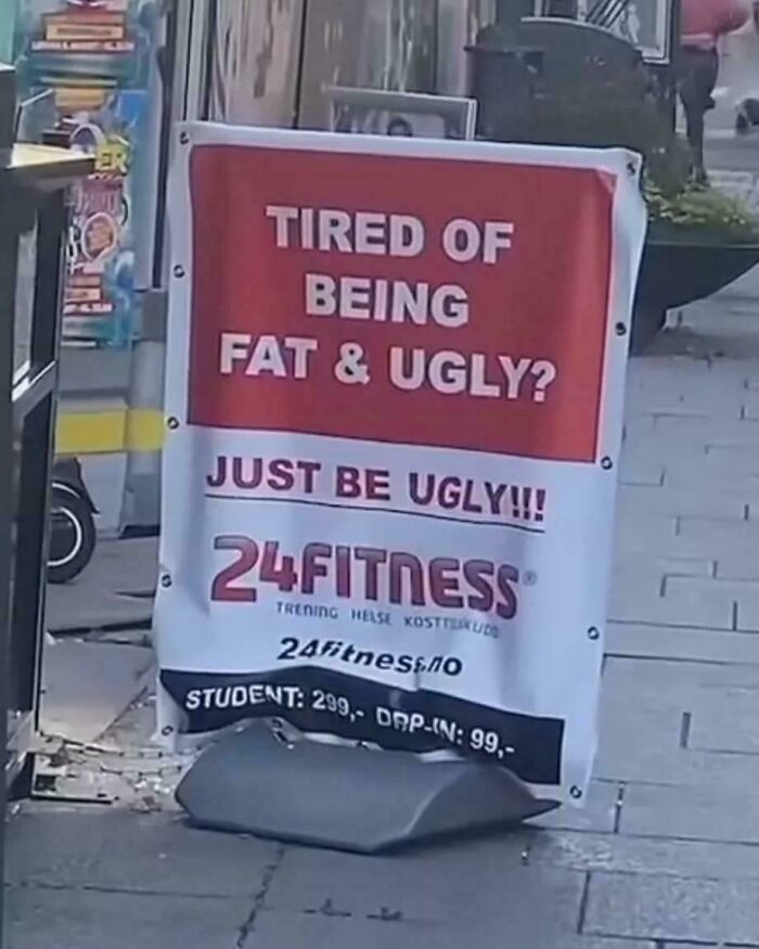 Street sign with funny and bizarre fitness ad challenging viewers combining humor with the holy and the cursed theme