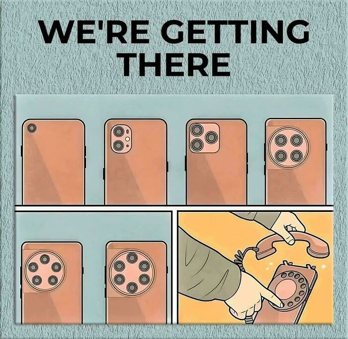 Illustration showing the evolution of phone cameras humorously combining funny and bizarre elements.