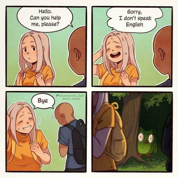 Comic strip showing awkward language barrier and a hidden frog, funny and bizarre images combining the holy and the cursed theme.