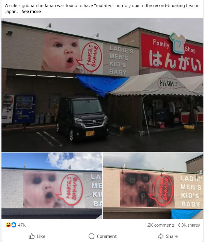 A bizarre mutated baby face signboard on a family shop blending funny and cursed visuals in Japan.
