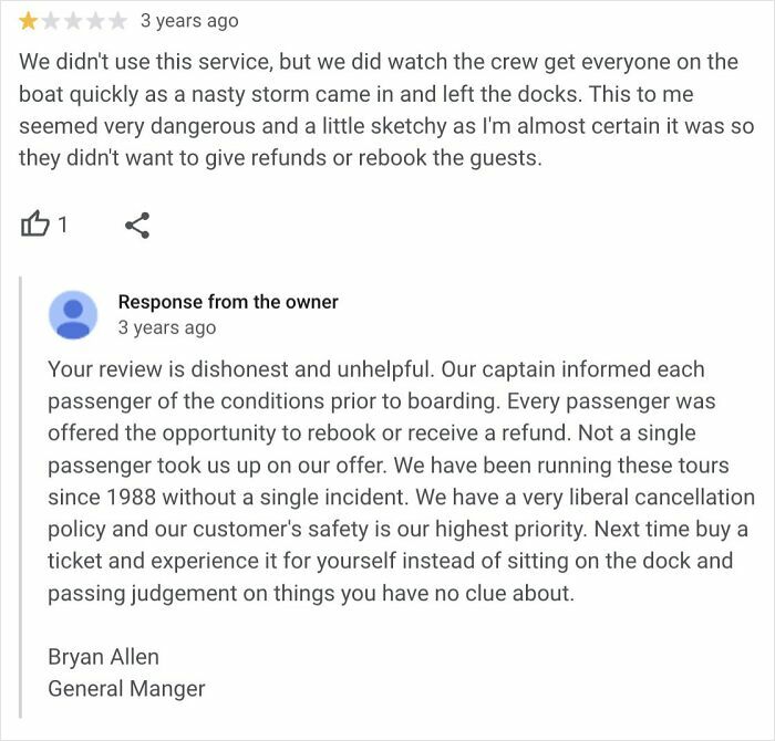 One-star review about boat tour safety met with brutal business comeback defending policies and customer care.