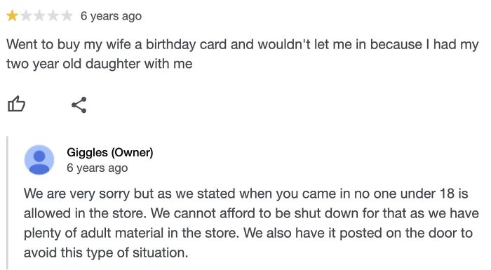 Customer complaint about store policy with brutal business comeback enforcing age restrictions and adult material warning.