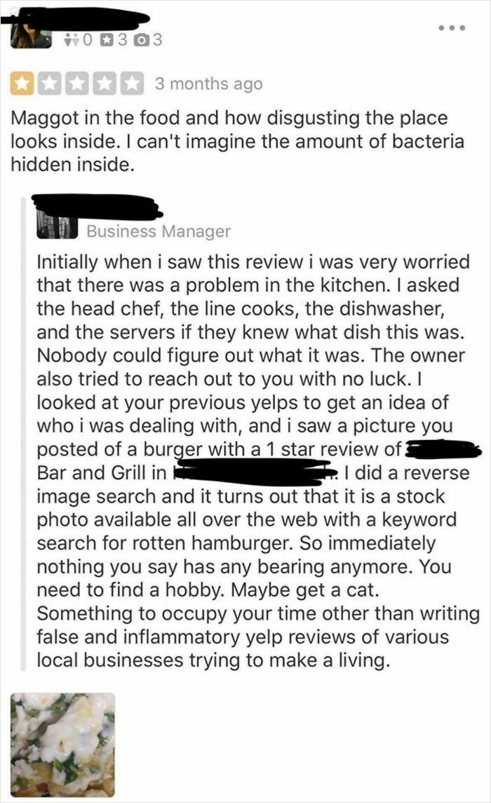 Business manager's brutal comeback to a false review exposing a stock photo used by a dishonest reviewer.