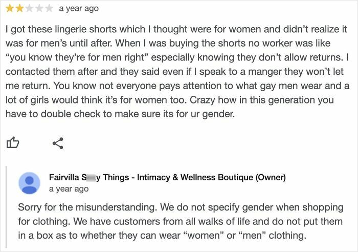 Customer review about lingerie shorts gender mix-up with a brutal business comeback addressing clothing inclusivity.