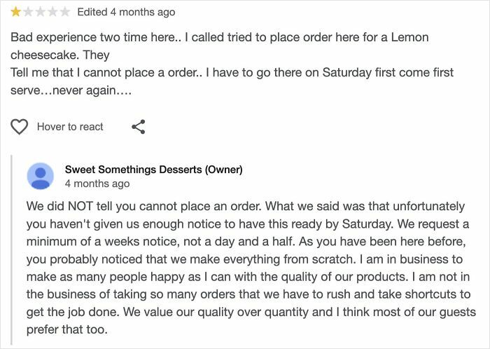 Customer complaint about order timing with a business owner’s brutal, detailed comeback defending quality standards and policies.