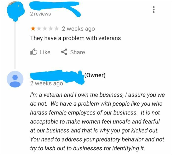 Business owner responds to a negative review with a brutal comeback addressing harassment and safety concerns.