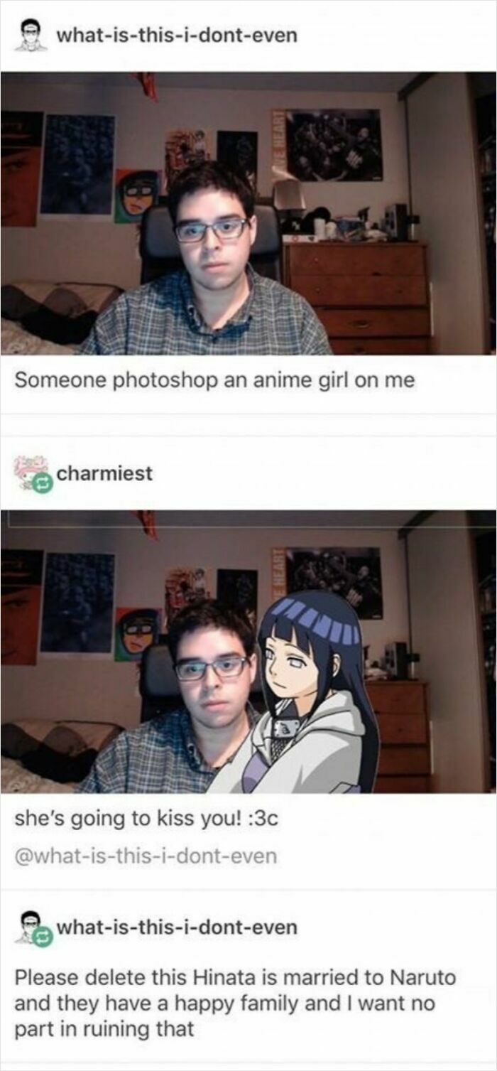 Young man with glasses in a bedroom photoshopped with an anime girl, showcasing a cringe-worthy but wholesome moment.