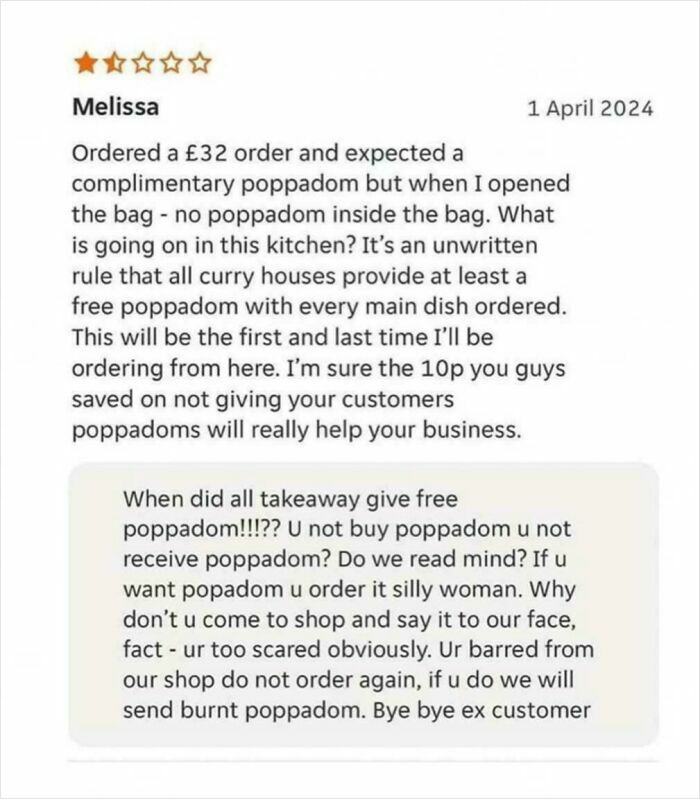 Customer review with a brutal business comeback about free poppadoms, showcasing savage comebacks from businesses.