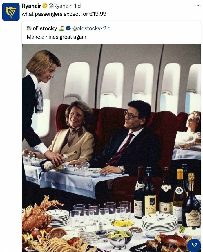 Business comeback by Ryanair with a humorous airline dining scene showing luxury service expectations for low prices.