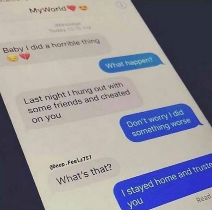 Text message exchange showing a funny conversation that might make you laugh with a humorous twist on cheating.