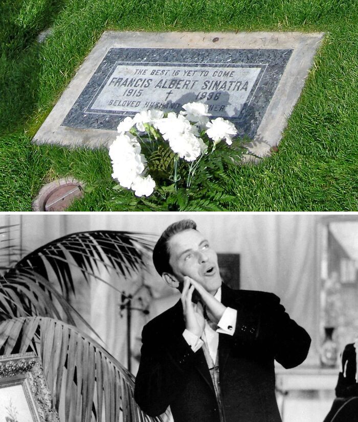 Grave of Francis Albert Sinatra with flowers on grass, a famous celebrity grave attracting visitors worldwide.