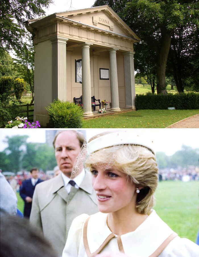 Mausoleum of Princess Diana surrounded by greenery, one of the famous celebrity graves attracting visitors globally.