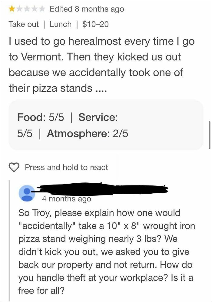 Customer review and brutal business comeback about accidentally taking a heavy pizza stand from Vermont restaurant.