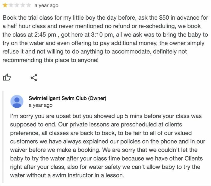 Customer complaint and brutal business comeback from Swimtelligent Swim Club owner responding to class and refund policies.