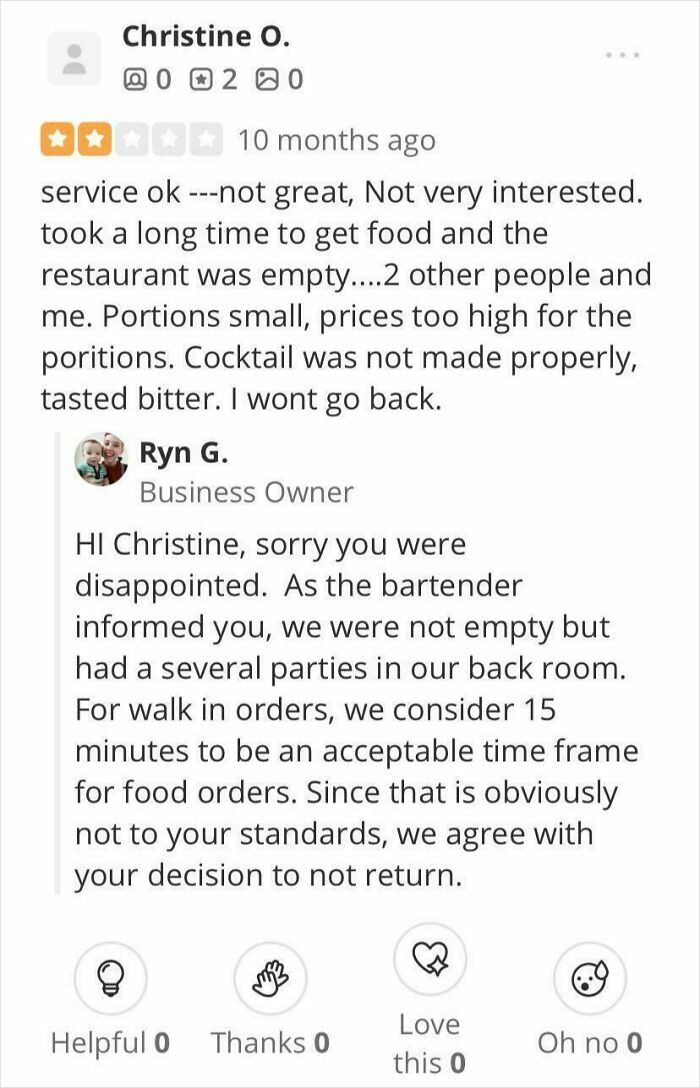 Customer review with brutal business comeback responding to complaints about service and food wait times.
