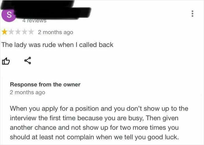 One-star review complaint and brutal business comeback response about no-show interview in a customer review thread.