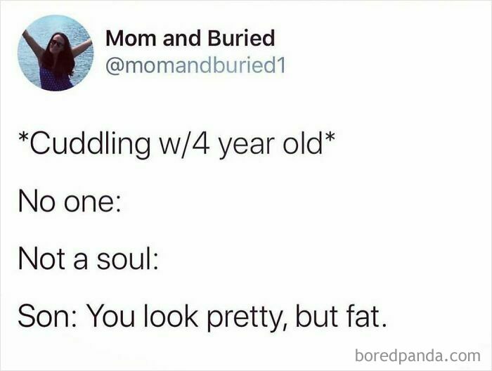 Parenting meme showing a funny text about cuddling with a 4-year-old saying you look pretty but fat.